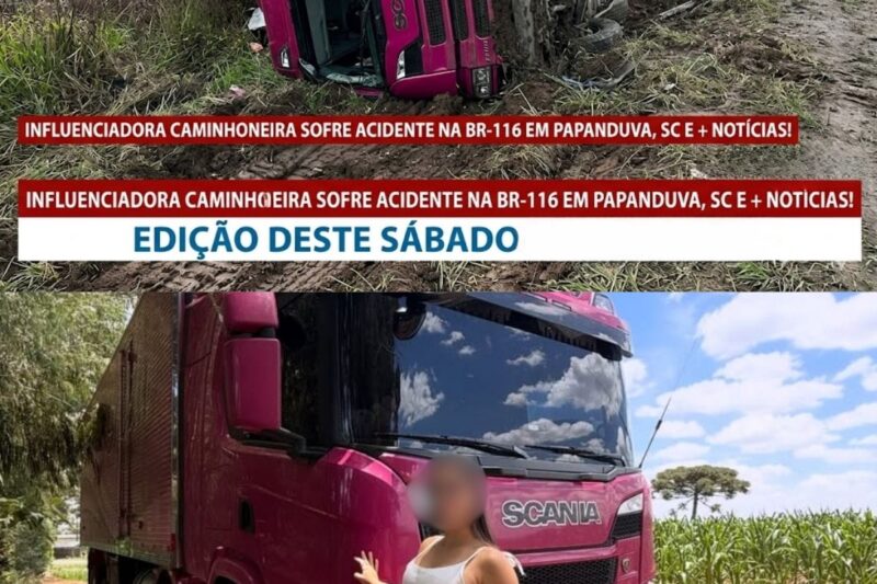 Caminhoneira com 1,2 milhão de seguidores sofre acidente em SC com tombamento e saída de pista